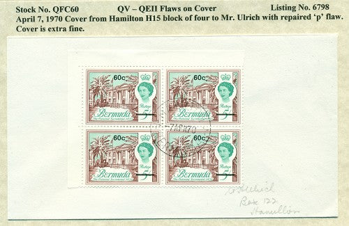 QV-QEII Flaws on Cover April 7, 1970 repaired 'p' QFC 60