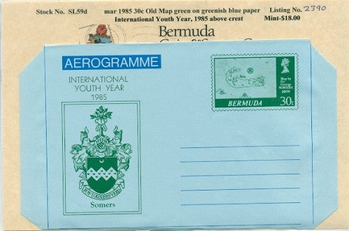 Mar 1985 30 cent Old Map green on greenish blue paper