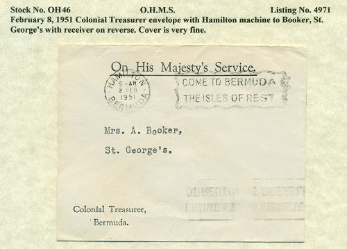 OHMS Colonial Treasurer envelope February 8, 1951