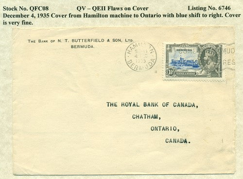 QV-QEII Flaws on Cover December 4, 1935 blue shift QFC 08