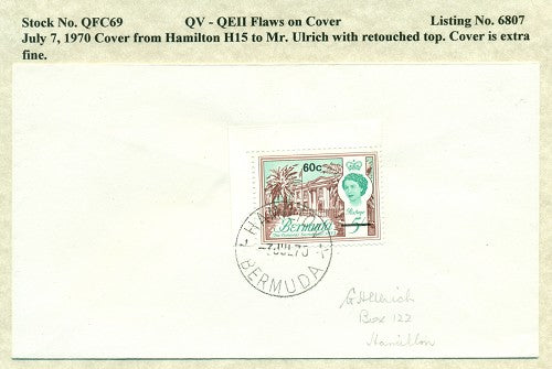 QV-QEII Flaws on Cover July 7, 1970 retouched top QFC 69