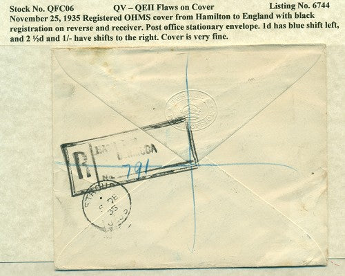 QV-QEII Flaws on Cover November 25, 1935 blue shift QFC 06
