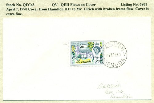 QV-QEII Flaws on Cover April 7, 1970 broken frame QFC 63