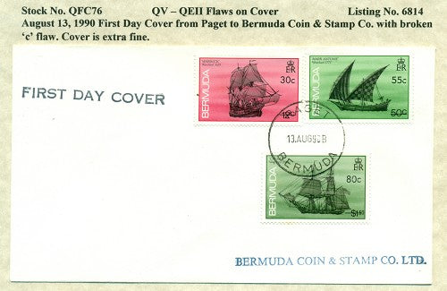 QV-QEII Flaws on Cover August 13, 1990 broken 'c' QFC 76