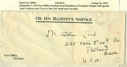 OHMS Hamilton- P.O. envelope September 1, 1933