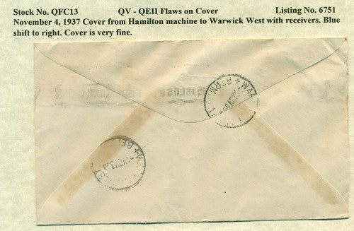 QV-QEII Flaws on Cover November 4, 1937 blue shift QFC 13