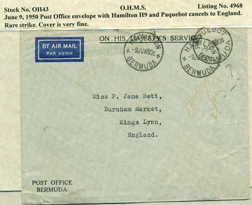 OHMS Hamilton H9- P.O. envelope June 9, 1950