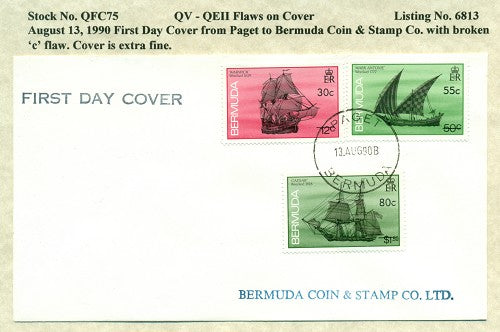 QV-QEII Flaws on Cover August 13, 1990 broken 'c' QFC 75