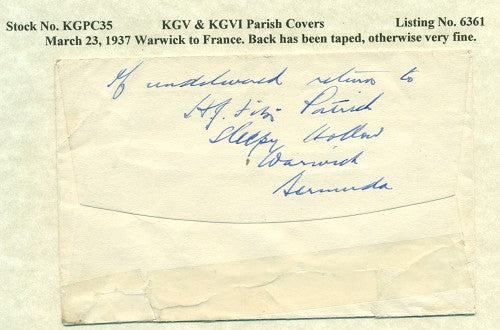 KGV & KGVI Parish Covers Warwick March 23, 1937 KGPC 35