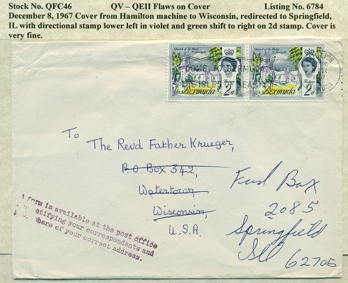 QV-QEII Flaws on Cover December 8, 1967 violet & green shift QFC 46