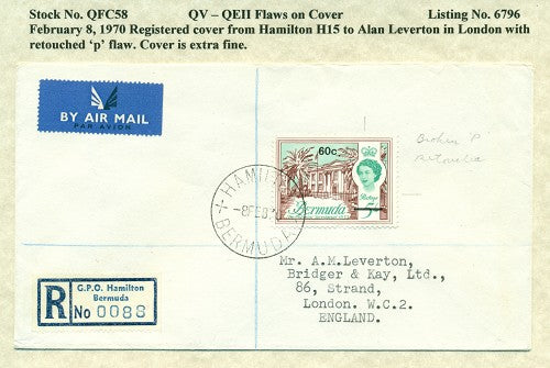 QV-QEII Flaws on Cover February 8, 1970 retouched 'p' QFC 58