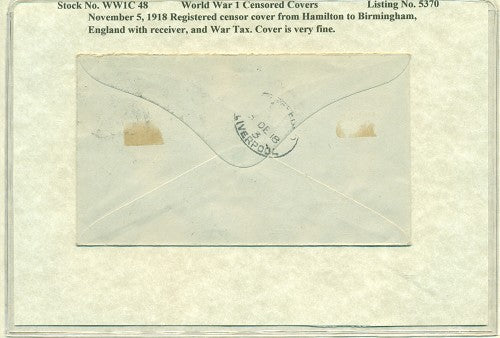 WW1 CENSOR COVER November 5, 1918 Hamilton, Bermuda to Birmingham, England