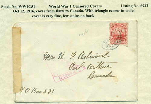 WW1 CENSOR COVER CANADA WW1C 51