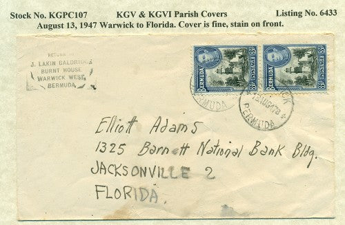 KGV & KGVI Parish Covers Warwick August 13, 1947 KGPC 107