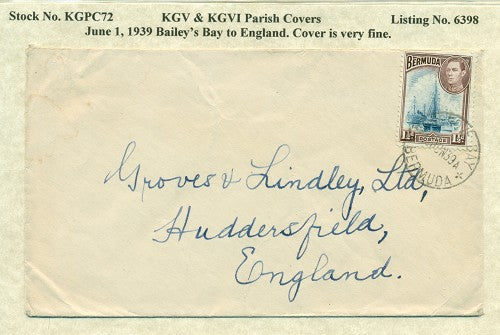 KGV & KGVI Parish Covers Bailey's Bay June 1, 1939 KGPC 72