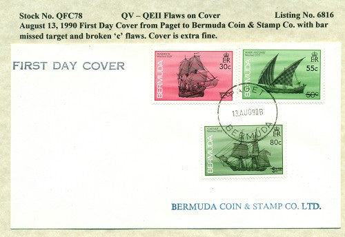 QV-QEII Flaws on Cover August 13, 1990 broken 'c' QFC 78