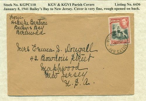 KGV & KGVI Parish Covers Bailey's Bay January 8, 1941 KGPC 110