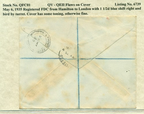 QV-QEII Flaws on Cover May 6, 1935 blue shift QFC 01