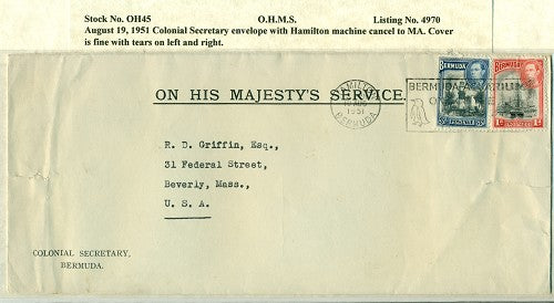 OHMS Colonial Secretary envelope August 19, 1951