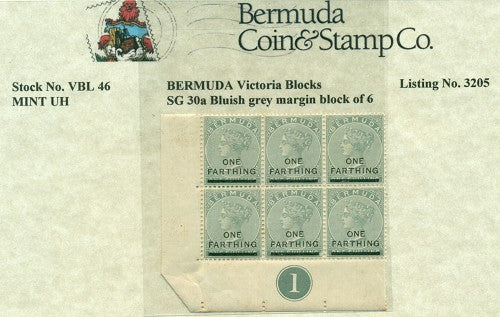 1/4 d on 1/- bluish grey - mint plate margin