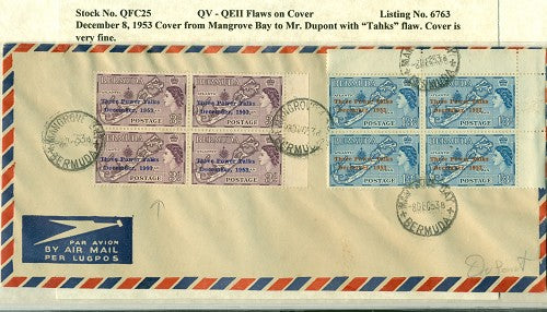 QV-QEII Flaws on Cover December 8, 1953 Tahks flaw QFC 25