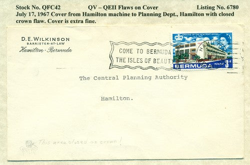 QV-QEII Flaws on Cover July 17, 1967 closed crown QFC 42