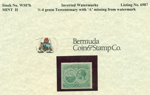 1/2 d green Tercentenary A Missing wm7b