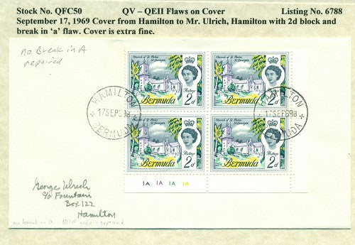 QV-QEII Flaws on Cover September 17, 1969 break in 'a' QFC 50