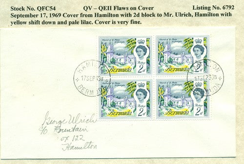 QV-QEII Flaws on Cover September 17, 1969 yellow shift QFC 54