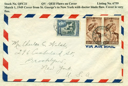QV-QEII Flaws on Cover March 1, 1949 doctor blade flaw QFC 21