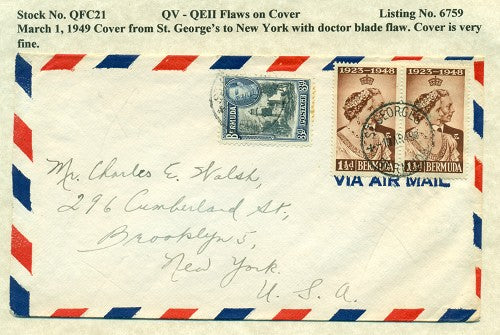 QV-QEII Flaws on Cover March 1, 1949 doctor blade flaw QFC 21