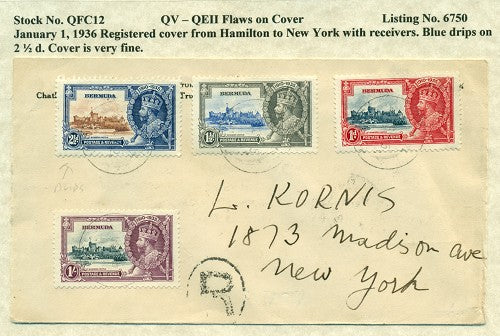 QV-QEII Flaws on Cover January 1, 1936 extra blue ink drops QFC 12