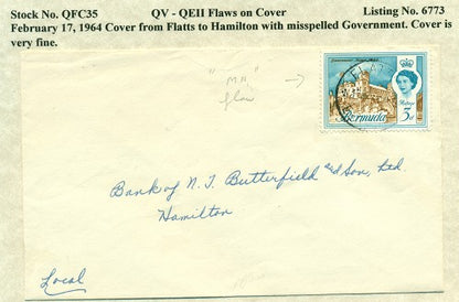 QV-QEII Flaws on Cover February 17, 1964 'government' flaw QFC 35