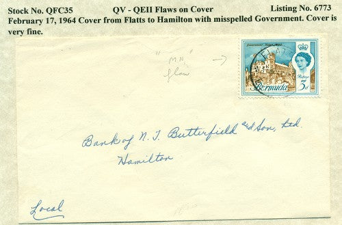 QV-QEII Flaws on Cover February 17, 1964 'government' flaw QFC 35