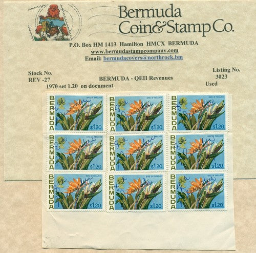 Nine $1.20 stamps on piece of document