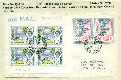 QV-QEII Flaws on Cover April 29, 1963 break in 'a' QFC 30