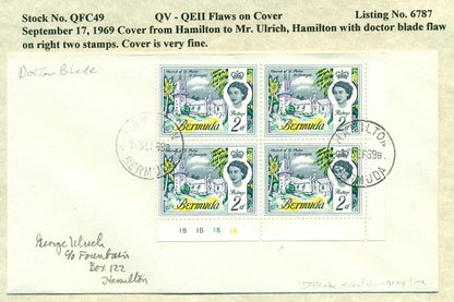 QV-QEII Flaws on Cover September 17, 1969 doctor blade flaw QFC 49