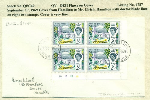QV-QEII Flaws on Cover September 17, 1969 doctor blade flaw QFC 49
