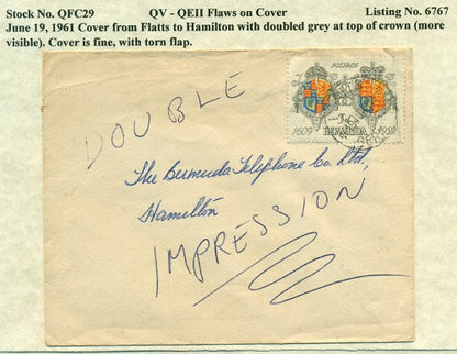 QV-QEII Flaws on Cover June 19, 1961 doubled grey crown top QFC 29