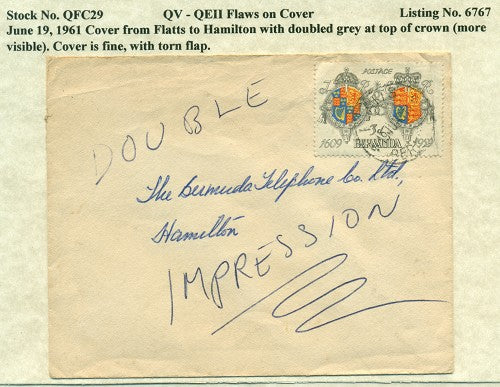 QV-QEII Flaws on Cover June 19, 1961 doubled grey crown top QFC 29