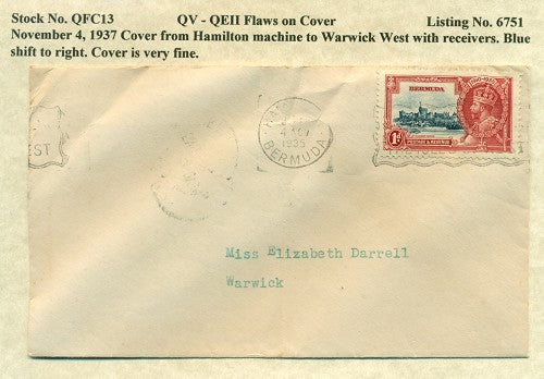 QV-QEII Flaws on Cover November 4, 1937 blue shift QFC 13