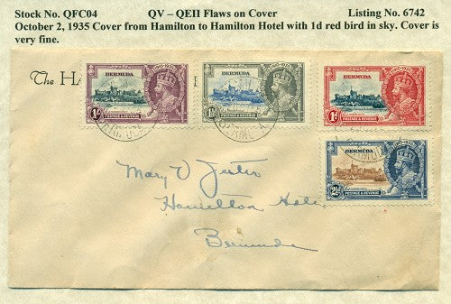QV-QEII Flaws on Cover October 2, 1935 red bird in sky QFC 04