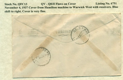QV-QEII Flaws on Cover November 4, 1937 blue shift QFC 13