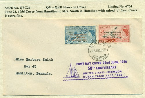 QV-QEII Flaws on Cover June 22, 1956 raised 'o' QFC 26