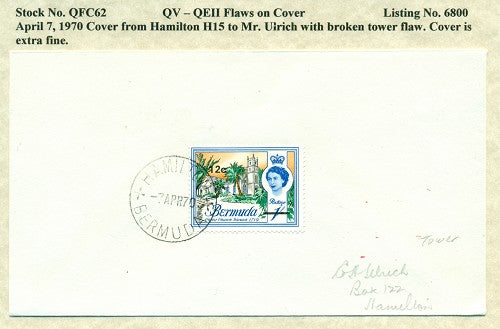 QV-QEII Flaws on Cover April 7, 1970 broken tower QFC 62