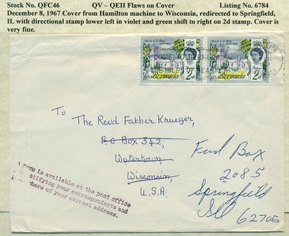 QV-QEII Flaws on Cover December 8, 1967 violet & green shift QFC 46