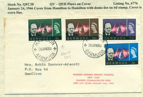 QV-QEII Flaws on Cover January 24, 1966 dome dot QFC 38