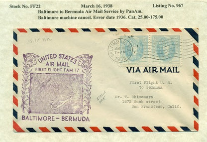 MAR 16 - 1938 Balt to Bda error date rare