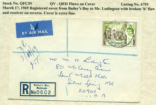 QV-QEII Flaws on Cover March 17, 1969 broken 'h' QFC 55
