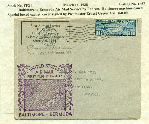 MAR 16 - 1938 Balt to Bda Signed